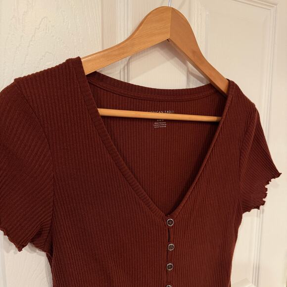 American Eagle Ribbed Button-Front Lettuce Hem Top – Rust Brown Size M Y2K 90's - Picture 3 of 9